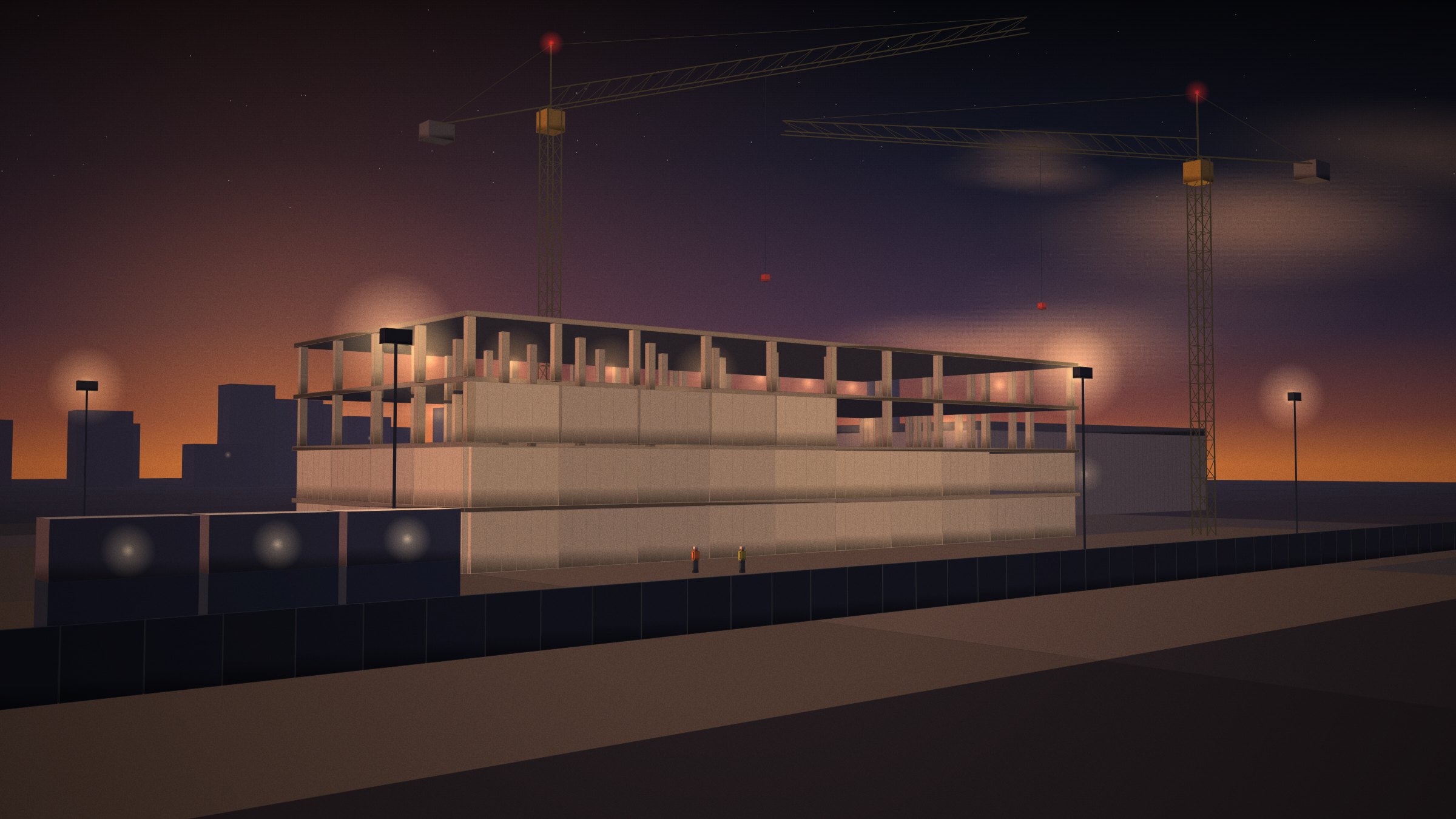 A data center under construction at dusk with tower cranes